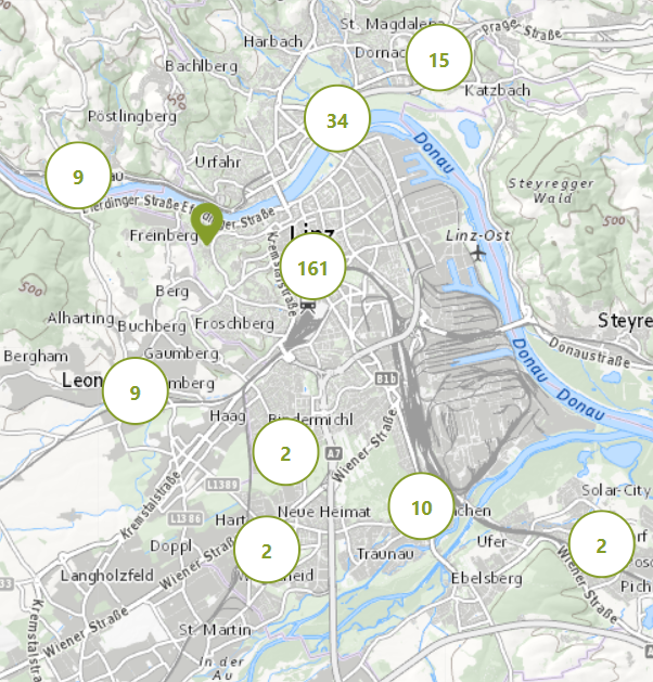 Plan der Stadt Linz mit Eintragungen zu den Problemstellungen im Fußverkehr 